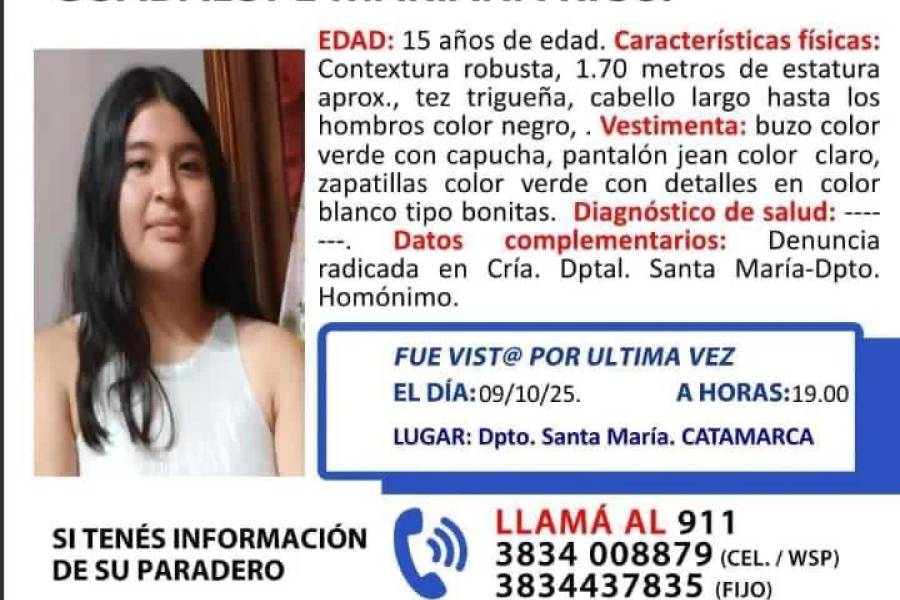 Buscan a Guadalupe Ríos, una adolescente desaparecida en Santa María