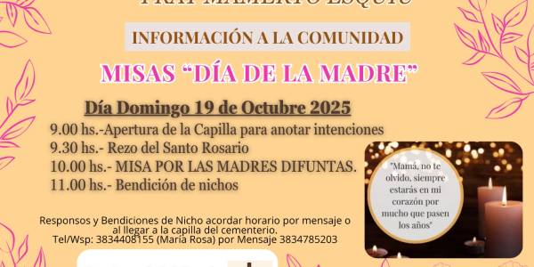 Día de la Madre: celebrarán una Misa especial por las madres difuntas en el cementerio municipal